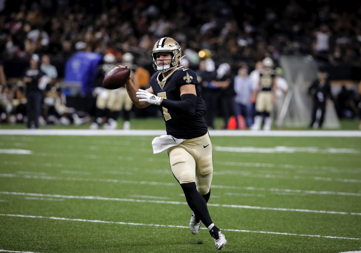 Aug 29, 2019; New Orleans, LA, USA; New Orleans Saints quarterback Taysom Hill (7) looks to throw against the Miami Dolphins during the second half of a preseason game at the Mercedes-Benz Superdome. Mandatory Credit: Derick E. Hingle-USA TODAY Sports